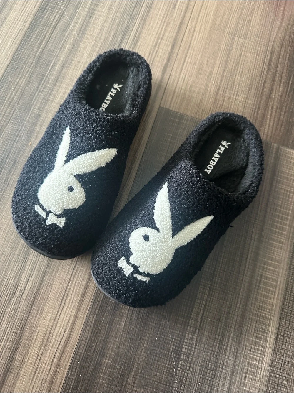 PLAYBOY Memory Foam Black Slippers with White Bunny